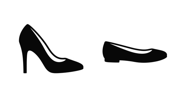Black silhouette of high heel and flat shoe on white background