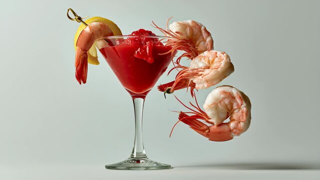 Shrimp cocktail in martini glass with red sauce, lemon slice and shrimps flying around, humorous seafood appetizer