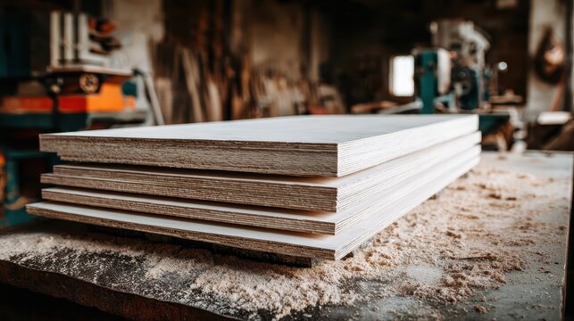 A stack of raw plywood sheets rests on a dusty workbench in a workshop. This photo highlights materials used for carpentry, construction, or DIY projects.