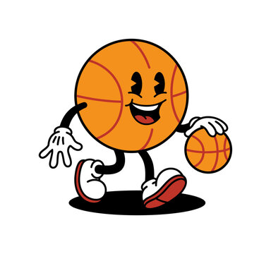 Vintage retro mascot basketball character dribbling a ball.