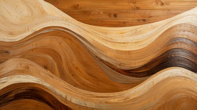 An abstract wood-textured background featuring a dynamic and elegant wavy-line design. The design blends layers of natural wood tones, ranging from light brown and cream to golden dark brown.