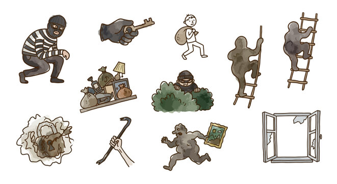 Set of Watercolor Illustrations Depicting Various Criminal Activities and Burglary Elements Including Thieves and Tools