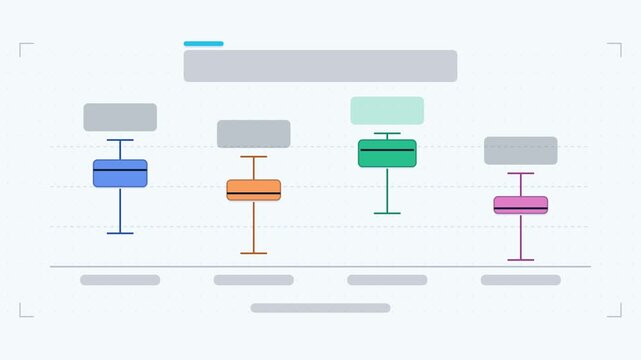 Seamless 4K looping animation of a box plot infographic template with boxes growing. Flat vector shapes, icons and grey text placeholders animate on a clean light background in teal and turquoise tone