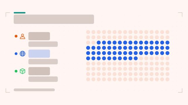 Animated dot matrix infographic in a modern flat vector style, group highlighting in a smooth 4K loop. Blank text placeholders and teal and turquoise accents sit on a bright light background so headin