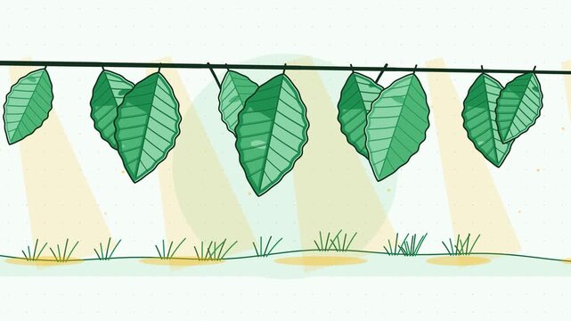 Seamless 4K looping animation of sunlight through foliage beams moving, drawn as a minimal flat vector scene in fresh green tones on a soft light background. Calm, gentle motion with plenty of empty s