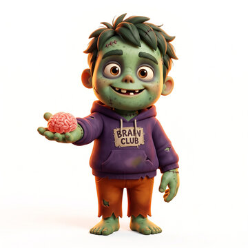 Cute 3D Zombie Character Holding a Human Brain Isolated on White Background for Halloween Creative Projects and Playful Digital Marketing Designs with High Detail Rendering