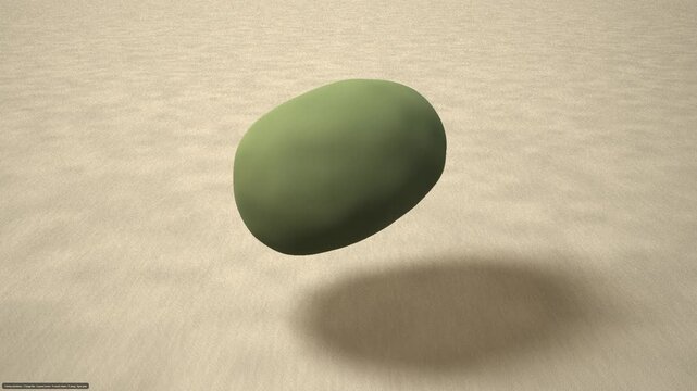 Abstract smooth green ovate shape hovering above a sandy textured background, casting a soft shadow, minimalist design concept.