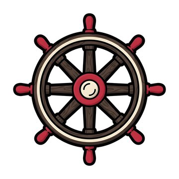 A colorful vector illustration of a vintage wooden ship wheel with red handles, perfect for maritime and nautical design projects.