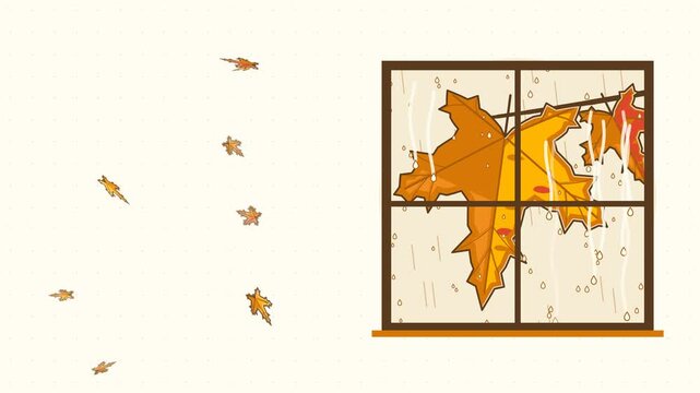 Seamless 4K looping animation of drizzle on window leaf dripping, drawn as a minimal flat vector scene in orange and amber tones on a soft light background. Calm, gentle motion with plenty of empty sp