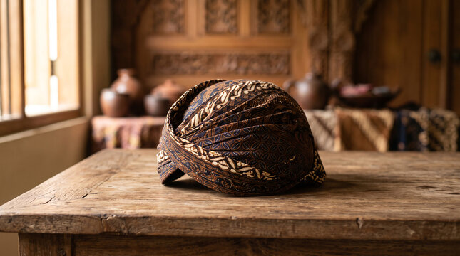 Traditional Javanese blangkon made from patterned batik fabric displayed in a warm cultural setting