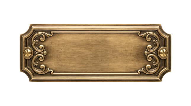 Ornate antique brass nameplate with vintage floral scrollwork details isolated on transparent background