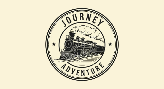 Journey adventure railway stamp featuring a classic steam locomotive train engine in motion.
