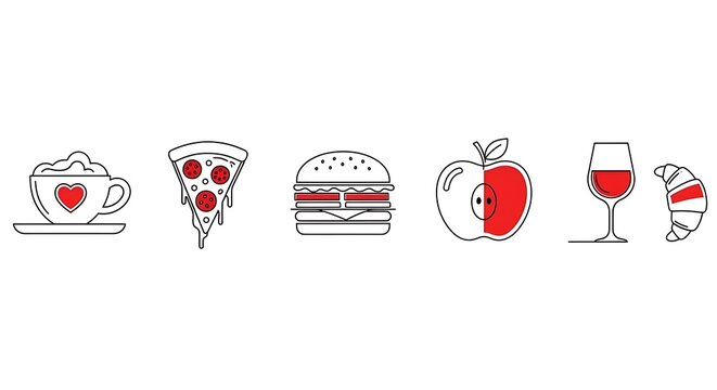 Minimalist food and drink icons including coffee, pizza, burger, apple, wine.