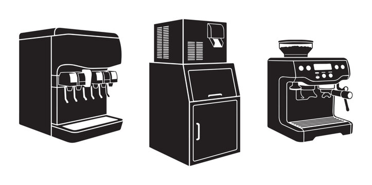 Commercial Beverage Equipment Icons: Soda Fountain, Ice Machine, Espresso Maker, Cafe Appliances, Bar Machines, Restaurant Gear, Black and White Vector Set