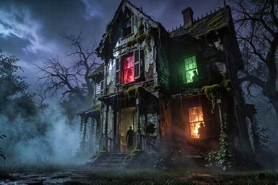 Dark haunted house with illuminated windows at spooky misty dark halloween night, copy space on a side