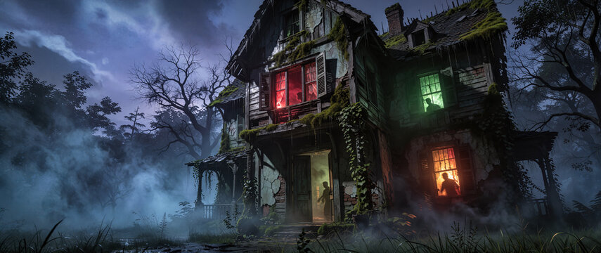 Dark haunted house with illuminated windows at spooky misty dark halloween night, copy space on a side
