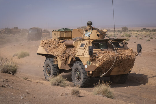 Light armoured car rolling through its own dust during French Army desert combat training in Djibouti