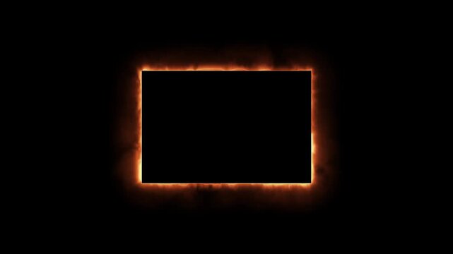 Fire neon light rectangle frame loop animated background. Burning neon lights frame box animation seamless loop, alpha channel. Fire line glowing rectangle border  footage. 4k video 