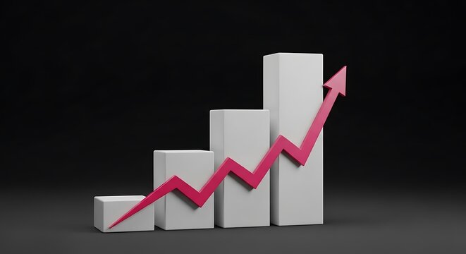 Rising pink arrow over increasing bar chart on black background