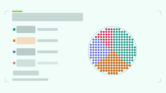 Seamless 4K looping animation of a sample composition infographic template with groups sweeping. Flat vector shapes, icons and grey text placeholders animate on a clean light background in teal and tu