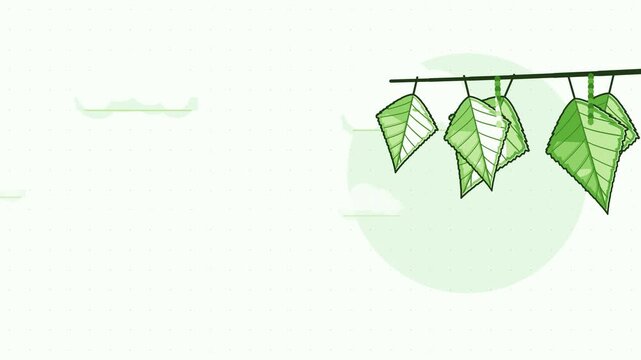 Seamless 4K looping animation of cloudy sky branch clouds drifting, drawn as a minimal flat vector scene in fresh green tones on a soft light background. Calm, gentle motion with plenty of empty space