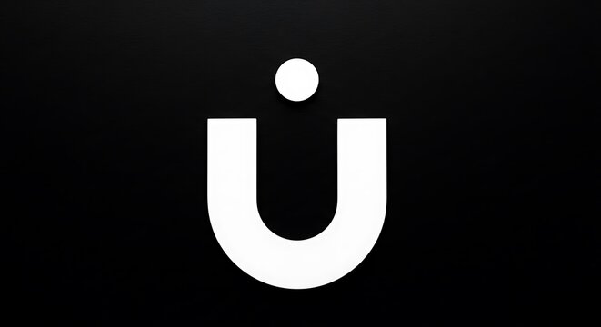 Minimalist white letter U with dot on black background