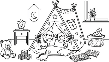Cute boy and girl playing inside indoor teepee tent in playroom coloring page outline vector illustration for kids © Shapla