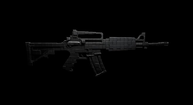 Stylized pixelated assault rifle on dark background, gaming concept