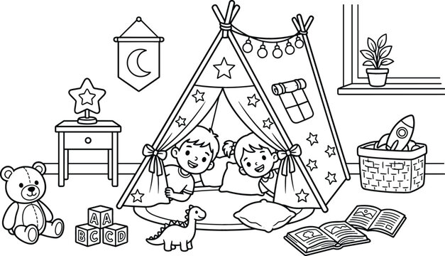 Cute boy and girl playing inside indoor teepee tent in playroom coloring page outline vector illustration for kids