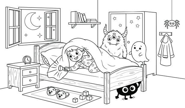 Cute boy hiding under blanket with flashlight looking at bedroom monsters and ghost coloring page outline vector