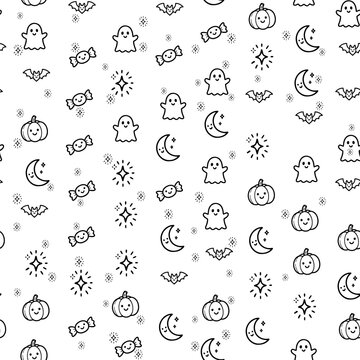 Seamless Halloween doodle pattern with pumpkins, ghosts, bats and candy