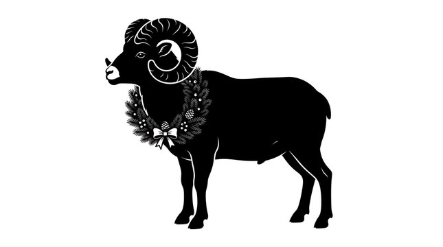 Christmas ram silhouette wearing a festive wreath on a white