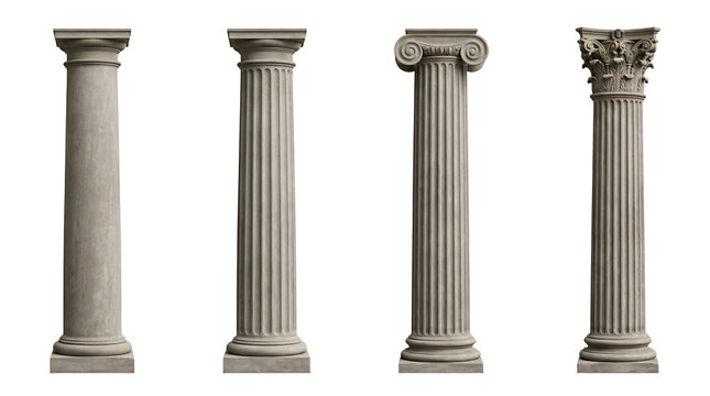 Four classical architectural columns featuring different orders of ancient stone pillars isolated on transparent background