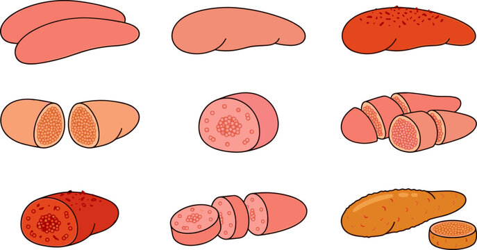 Cartoon Flat Vector Icon Set of Whole and Sliced Mentaiko Pollock Roe with Spicy Marinated Tarako Cod Roe Sacks for Japanese Cuisine Designs