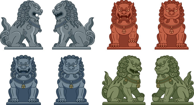 Vector Icon Set of Chinese Guardian Lions featuring Foo Dog Stone Statues from Front and Side Profiles for Traditional Asian Architecture Designs
