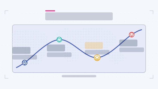 Seamless 4K looping animation of a route map infographic template with route drawing. Flat vector shapes, icons and grey text placeholders animate on a clean light background in blue and azure tones, 