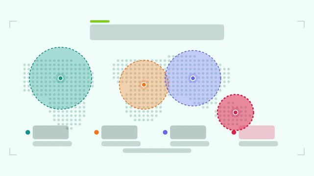 Animated distribution map infographic in a modern flat vector style, zones expanding in a smooth 4K loop. Blank text placeholders and teal and turquoise accents sit on a bright light background so hea