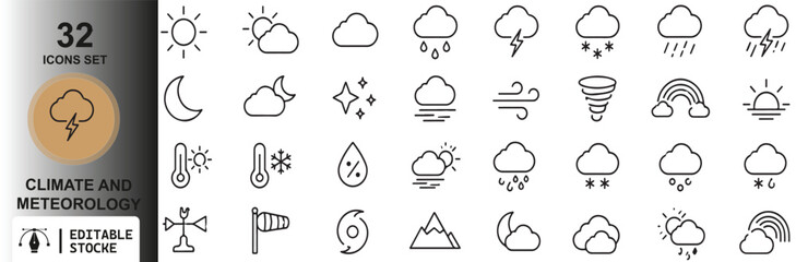 Fototapeta premium Weather Line Icons Set – 32 Editable Stroke Forecast, Climate and Meteorology Icons