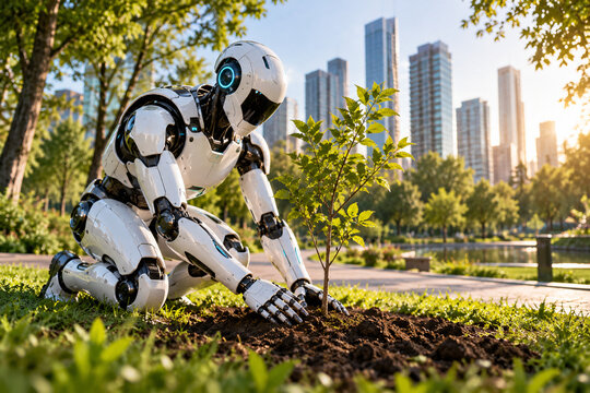 Humanoid Robot Caring for Green Plants in a Modern Urban Park