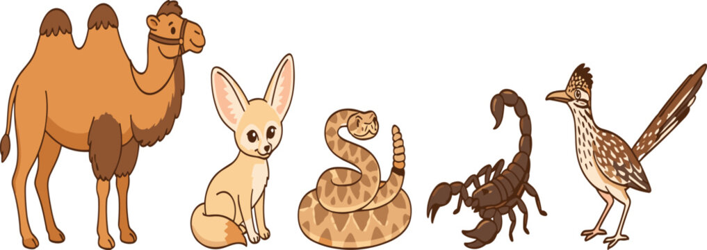 Cute Desert Wild Animal Vector Illustration Set Featuring Bactrian Camel, Fennec Fox, Coiled Rattlesnake, Brown Scorpion, and Standing Roadrunner Bird Icons