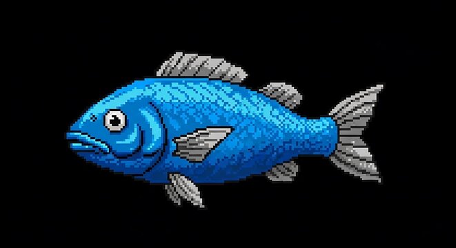 Simple blue pixel art fish on black background