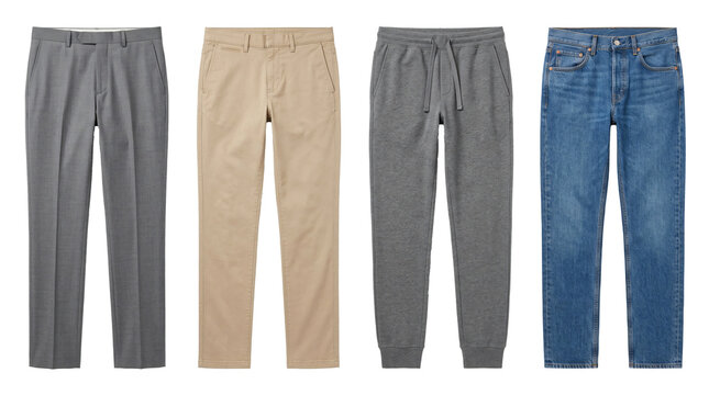 Various mens trousers pants and jeans arranged neatly together on transparent background