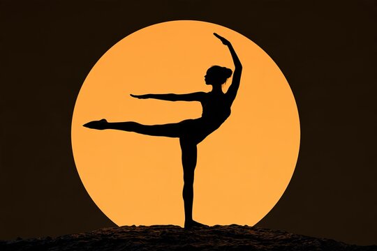 Yoga silhouette woman performing ballet pose against glowing yellow circular sunset for wellness ads.