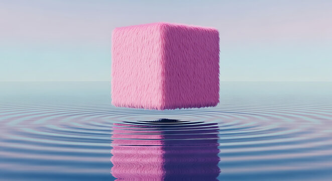 A fluffy pink cube floats serenely above rippling water, reflecting its soft texture against a calm blue sky.