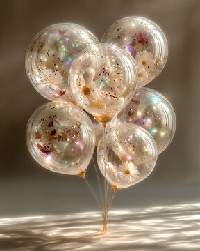 Transparent Floral Balloons with Daisies and Confetti
