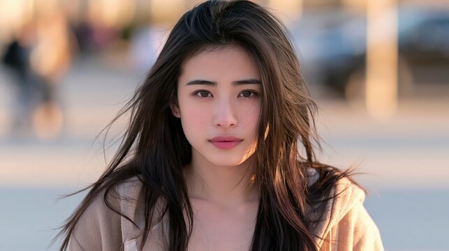 Young woman with dark hair and gentle expression looks directly ahead outdoors.