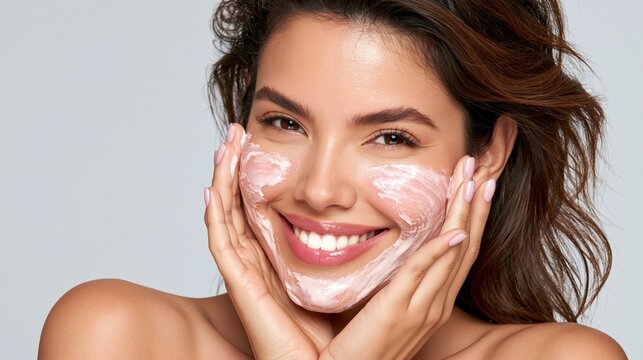 A smiling woman applies a creamy facial treatment to her skin.