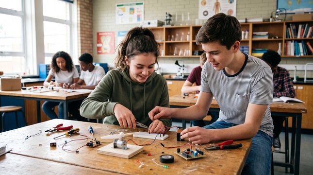 Students collaborating on electronics project in STEM classroom
