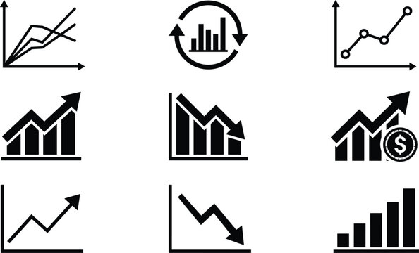 Financial Market Trend Chart and Analytics Vector Icon Set Featuring Growing Bar Graphs Decreasing Arrows and Stock Progress Infographic Symbols for Business Performance Tracking Presentations