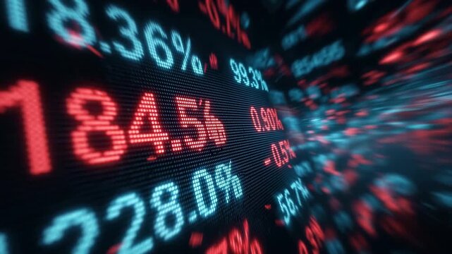 Dynamic stock market numbers shifting rapidly across a digital financial display generated.AI